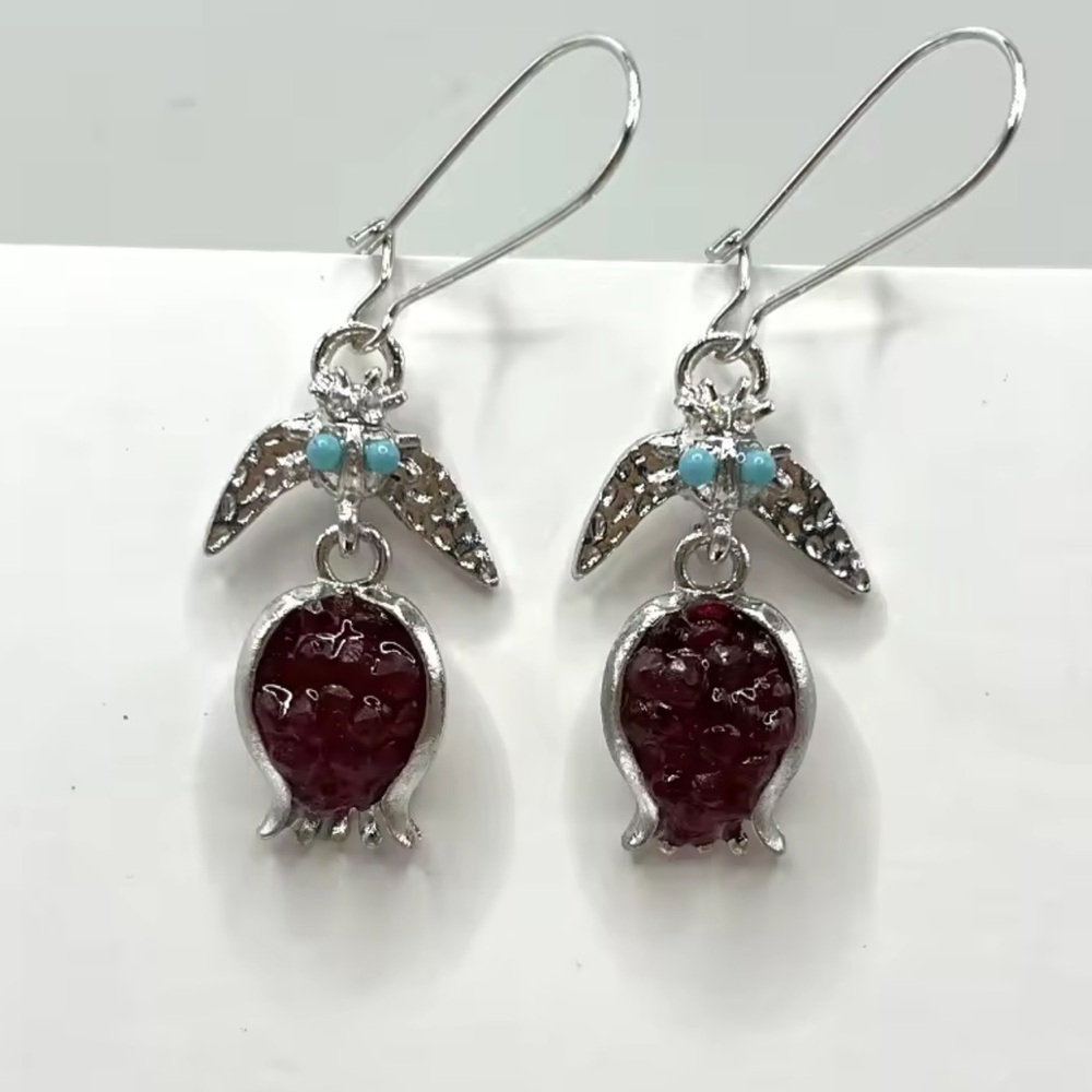 Vintage Pomegranate Red Silver Earrings - Picture 2 of 7